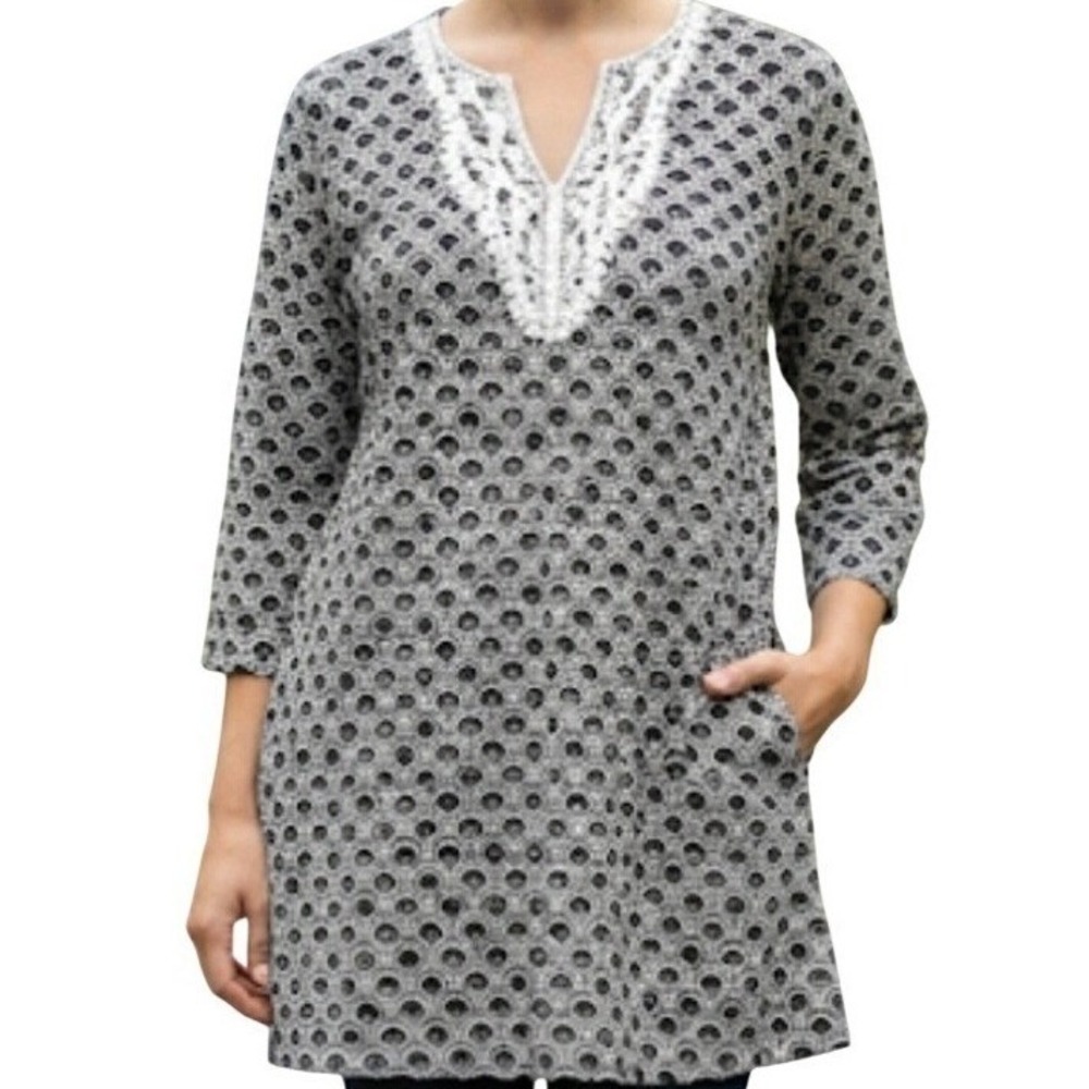 Talbots 100% Gauzy Cotton Tunic‎ Top Embroidery Cottage Fisherman Black White MP